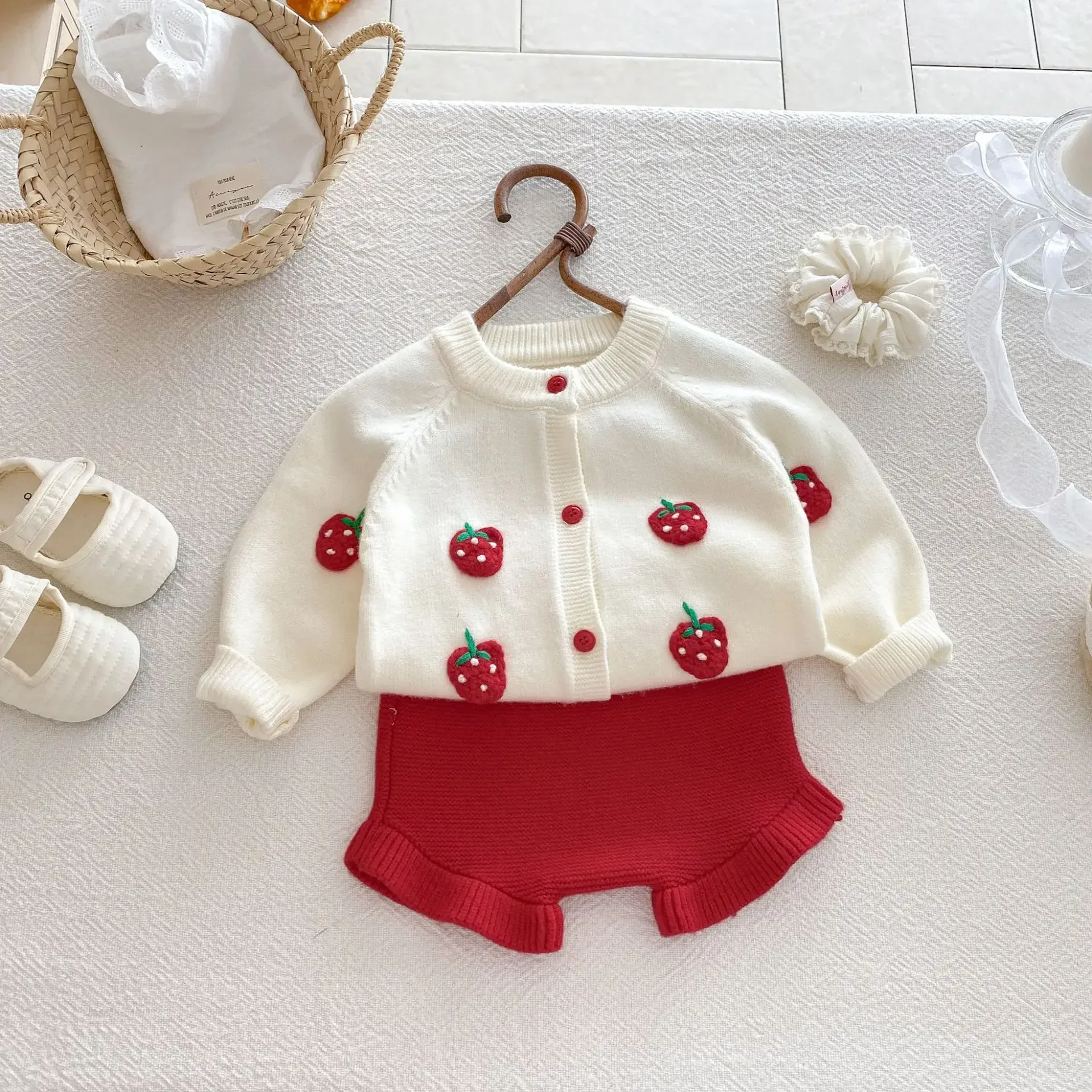 MILANCEL New Autumn Baby Sweater Set 3M-3T Sweet Strawberry Toddler Knitted Cardigan +Bloomer Infant Outfit 2PCS