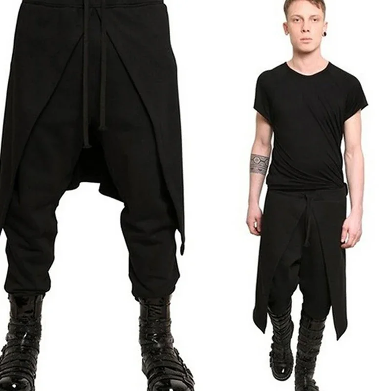 

Brand Cool Mens Gothic Punk Style Harem Pants Black Hip-hop Wear Loose Pants DrawString Baggy Dancing Crotch Trousers