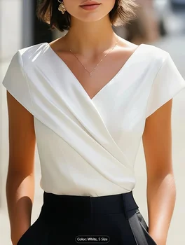 Elegant Satin V Neck Wrap Blouse for Women Short Sleeve Office Work Casual Tops 1