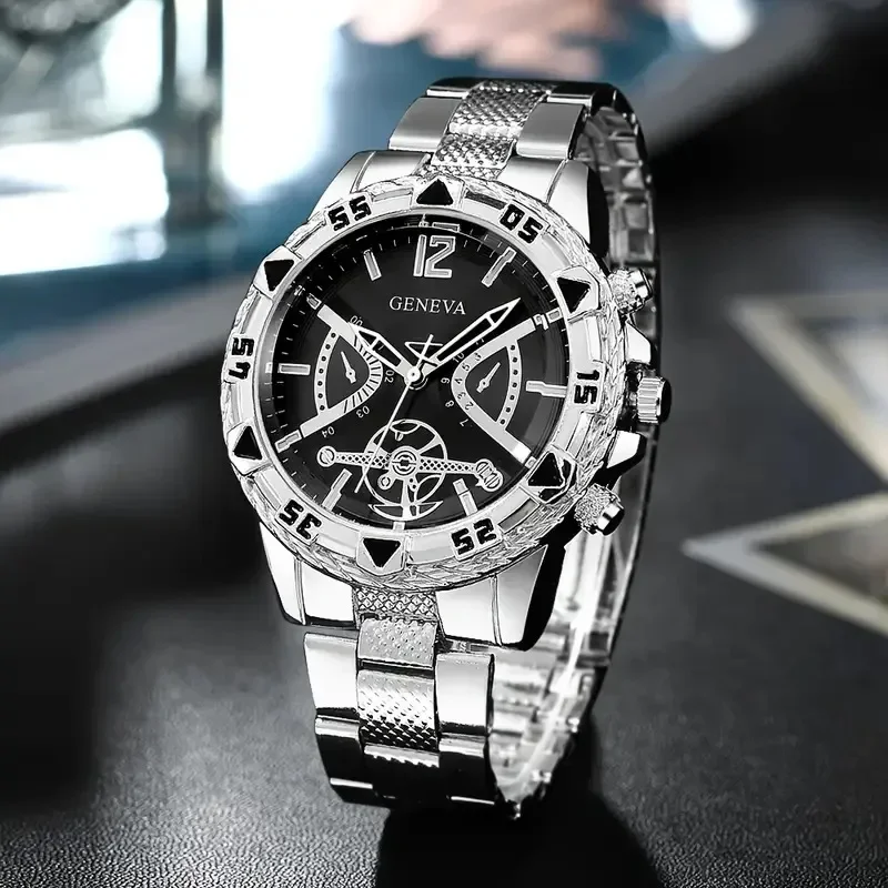 Розкішний чоловічий кварцовий годинник Класичний діловий чоловічий наручний годинник з великим циферблатом із легованої сталі, блакитне світло, чоловічий кварцовий годинник із трьома очками