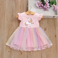 Girls’ New Summer Little Flying Sleeve Cartoon Print Dress with Children’s Patchwork Gradient Mesh Pengpeng Princess Dress