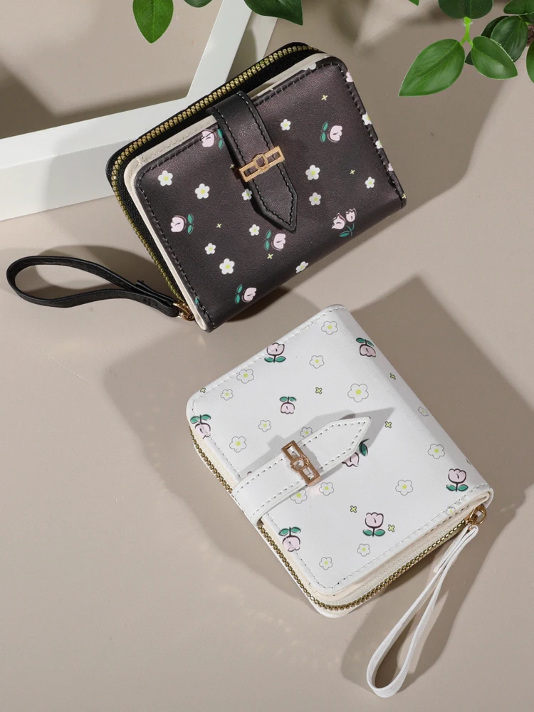 Flower patterned credit card holder for women or men's small card case with zipper hand-held wallet credit card holder zipper wallets card wallet
