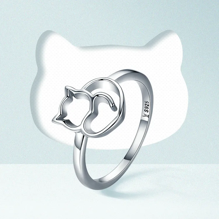 Sterling Silver Cute Little Cat & Heart Finger Ring for Women - PeticaDeals