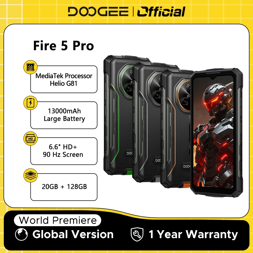 DOOGEE Fire 5 Pro téléphone robuste MTK Helio G81 13000mAh grande batterie 20GB + 128GB 6.6 "HD + affichage NFC Android 15 Smartphone