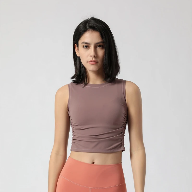 

Sleeveless Sports T-Shirt Yoga Vest For Women With Exposed Navel Side Waist Pleated Yoga Top Breathable Sportswear Fitness Vest