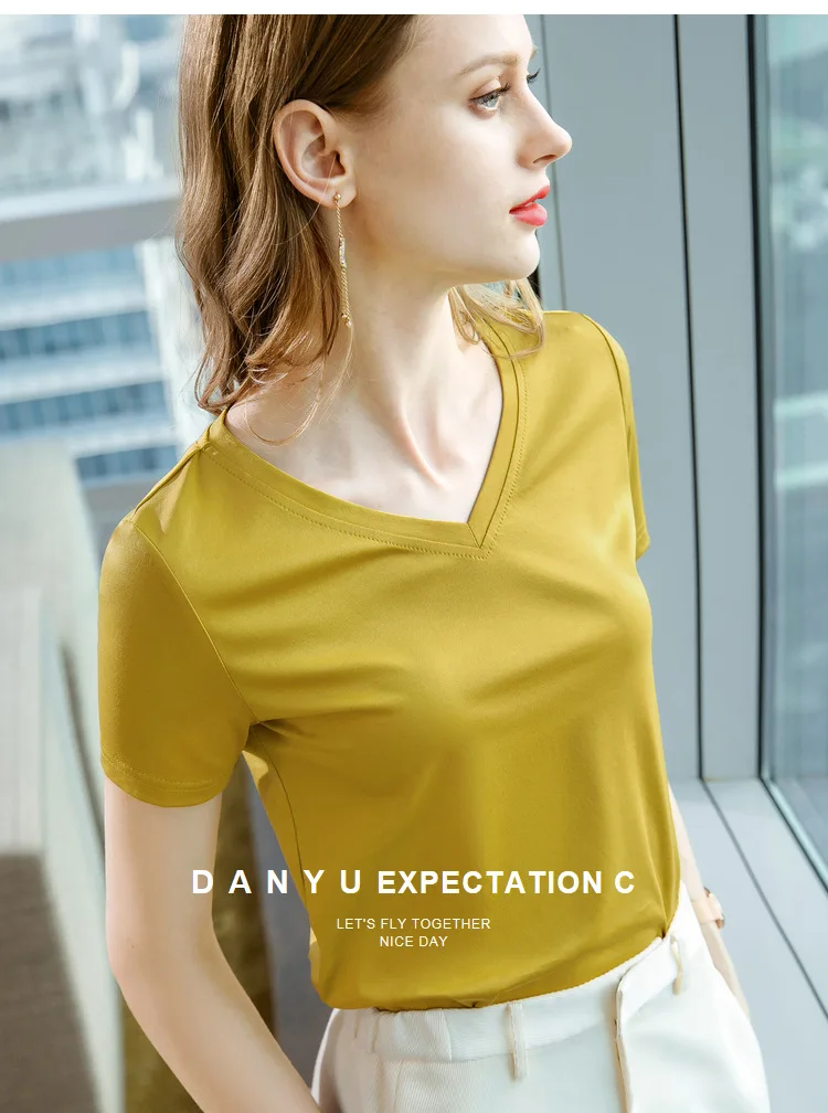 Ice Sensitive Silk Cotton V-neck Short Sleeved T-shirt for Women's Solid Round Neck Basic Commuting Elastic Oversized Top