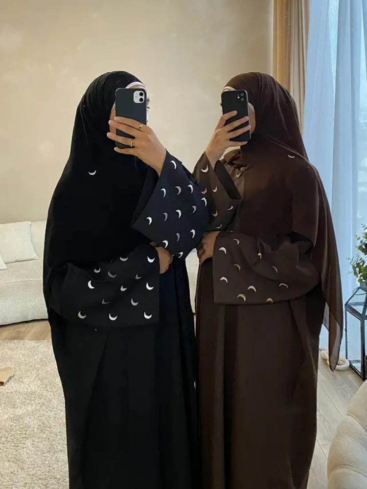 Moon Embroidery Linen Open Abaya Kimono Muslim Saudi Abayas for Women Dubai Luxury Turkey Kaftan Hijab Dress Islamic Clothing