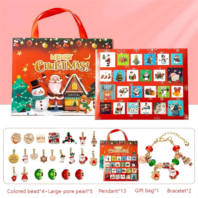 Christmas Advent Calendar Bracelet 24 Days of Xmas Countdown Calendar Surprise Gift Boxes DIY Creative Jewelry Charm Making Kit