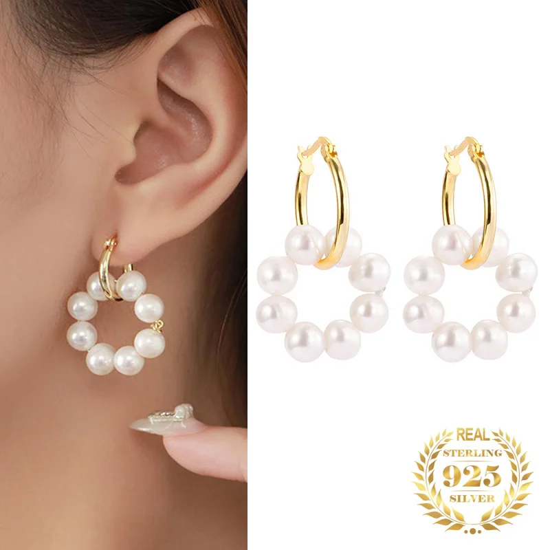 

2023 Korean Elegant Simple Sterling Silver 925 Summer Jewelry Circle Pearl Drop Circle Pearl Drop Earrings Earrings for Women
