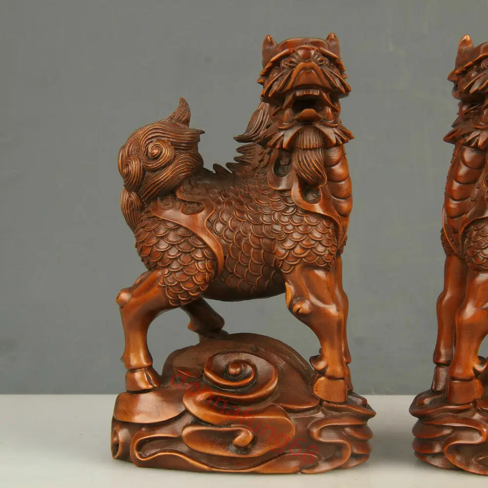 Chinese Exquisite Hand-carved Kirin Carving Boxwood statue 2pcs 3