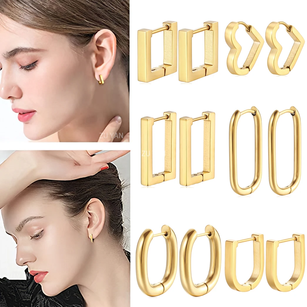 

316L Stainless Steel Gold Color Thick Square Triangle Hoop Earrings for Women Exaggerate Punk Horseshoe U Dangle Earring Jewelry