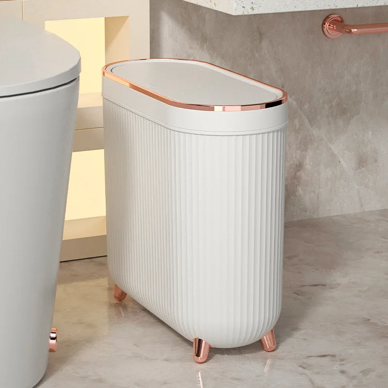 Luxury Waterproof Garbage Tin Bathroom Trash Can Narrow Toilet Gold Foot Storage Bucket with Cover Kitchen