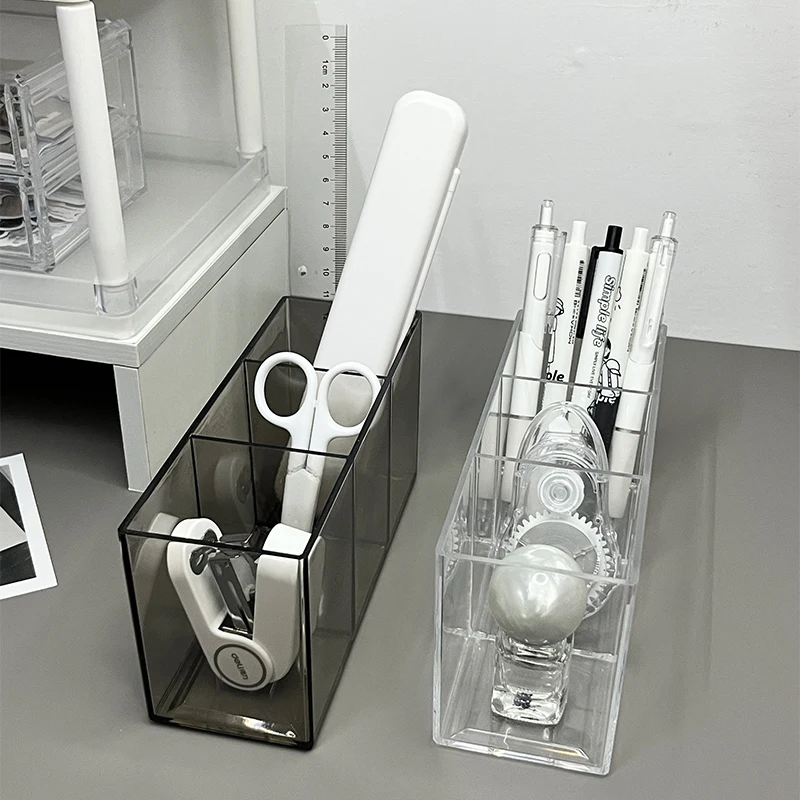 

Pen Holder 3 Compartments, Clear Pencil Holder Organizer for Desk, Makeup Brush Holder
