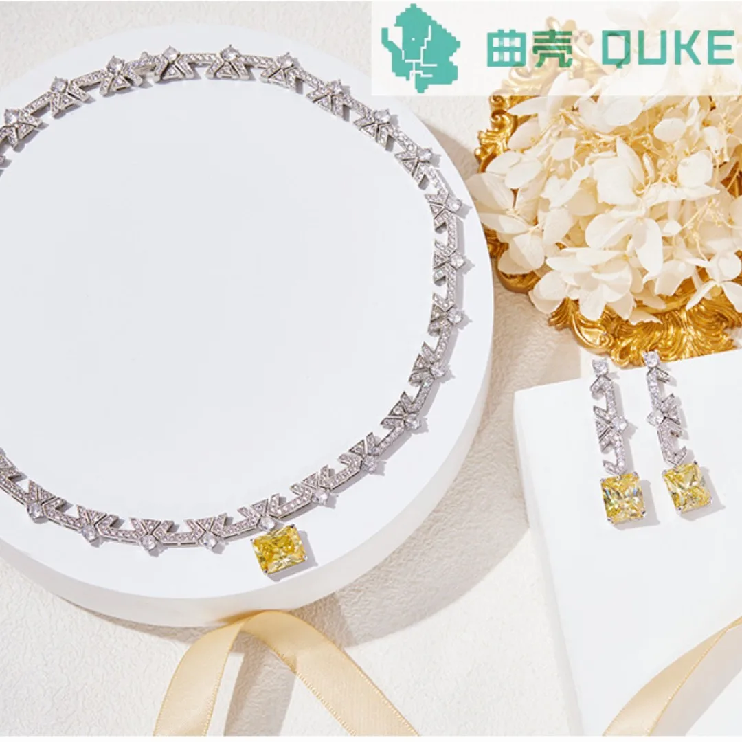 

New Yellow Diamond Necklace for Women with Gold Plated Square and High Grade Hanging Long Evening Dress Earrings for Women