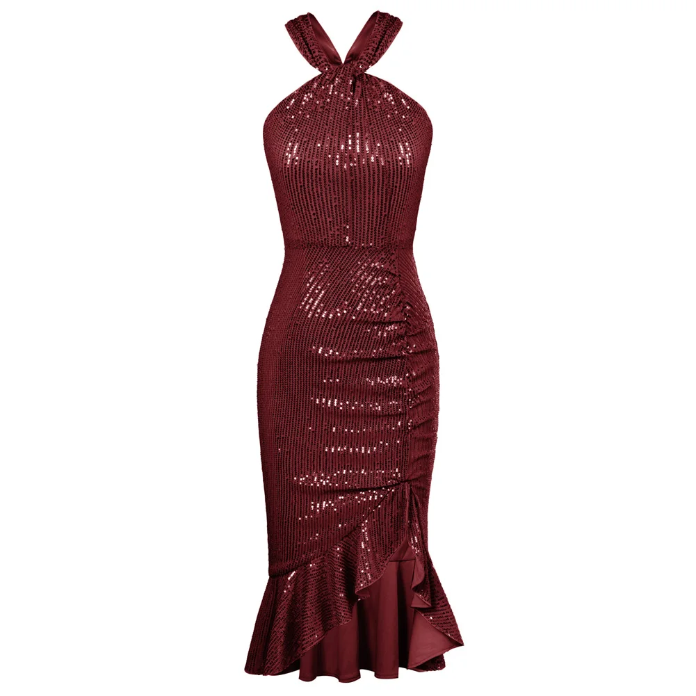 

GK Women Sequined Party Dress Halterneck Ruched Front Slit Bodycon Dress