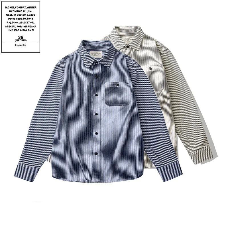 

OKONKWO Vertical Stripe Single Bag Shirt Men's Amikaki Workwear Denim Long Sleeve Overshirt Outdoor Trekking Hiking Camp Blouse