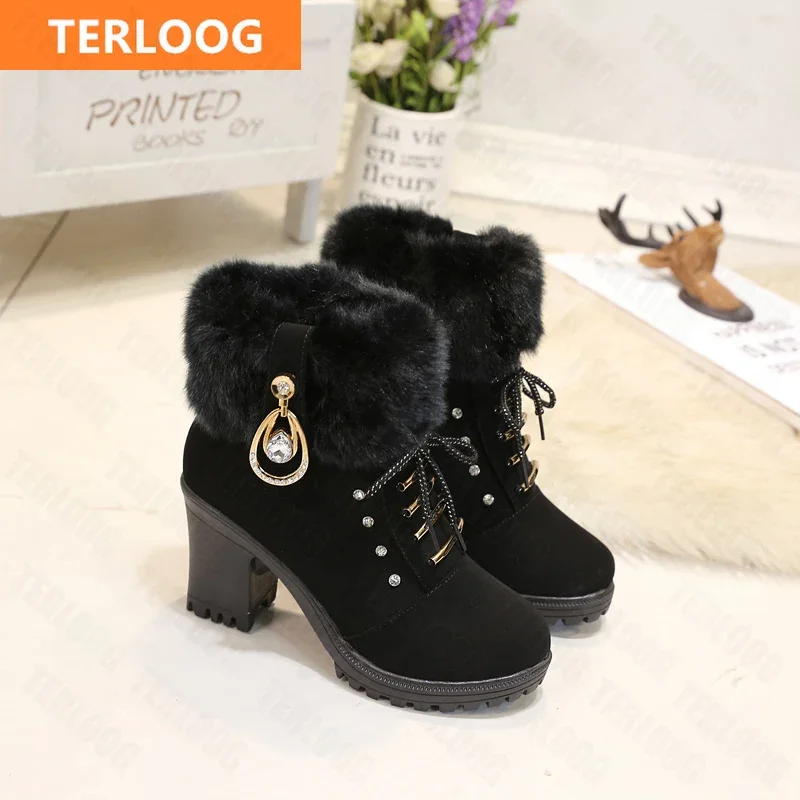 New Winter Women High Heels Shoes Warm Non-slip Block Cow Suede Warm Snow Boots Fashion Designer Crystal Plush Goth Botas