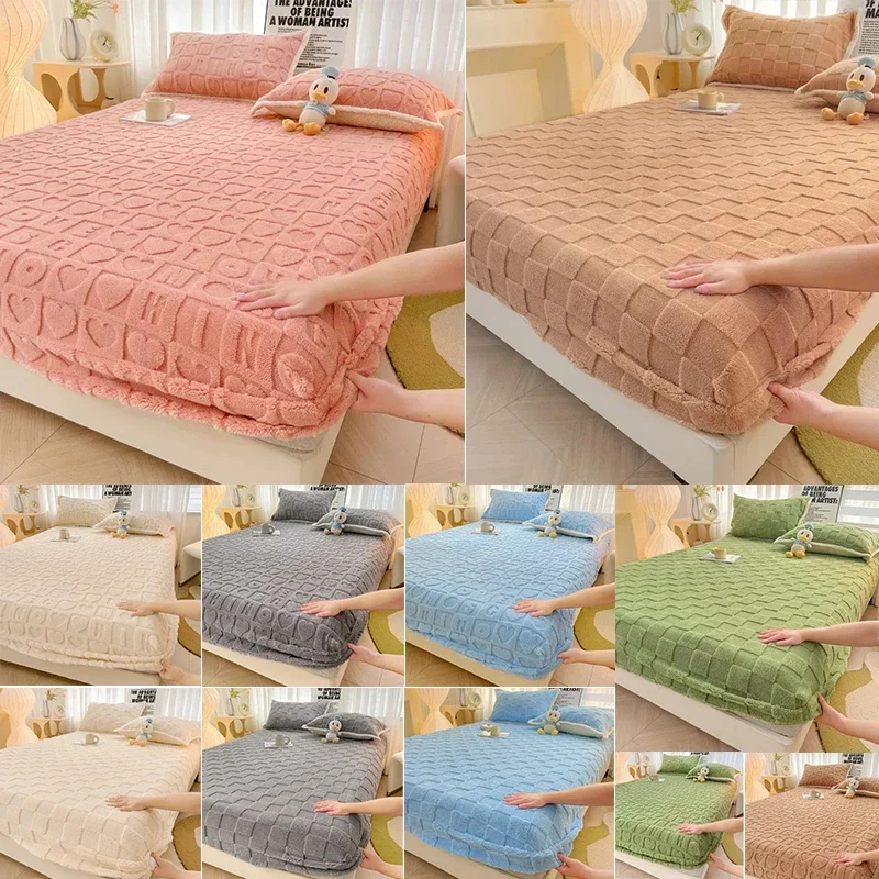 

1pc Warm Plush Jacquard Bed Cover Velvet Fitted Sheet Plaid Style Bedsheets Постельное Белье Warm Mattress Protectors