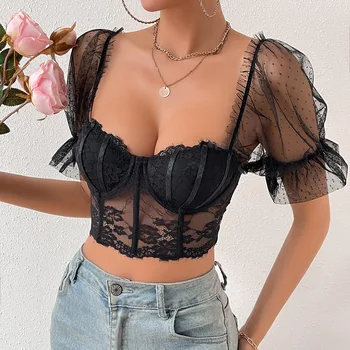 Vemina Korean Fashion Bare Shoulder Sexy Vneck Slim Crop Top,Mesh Sheer Puff sleeve Lace Embroidery Hollow Out Backless Blouses