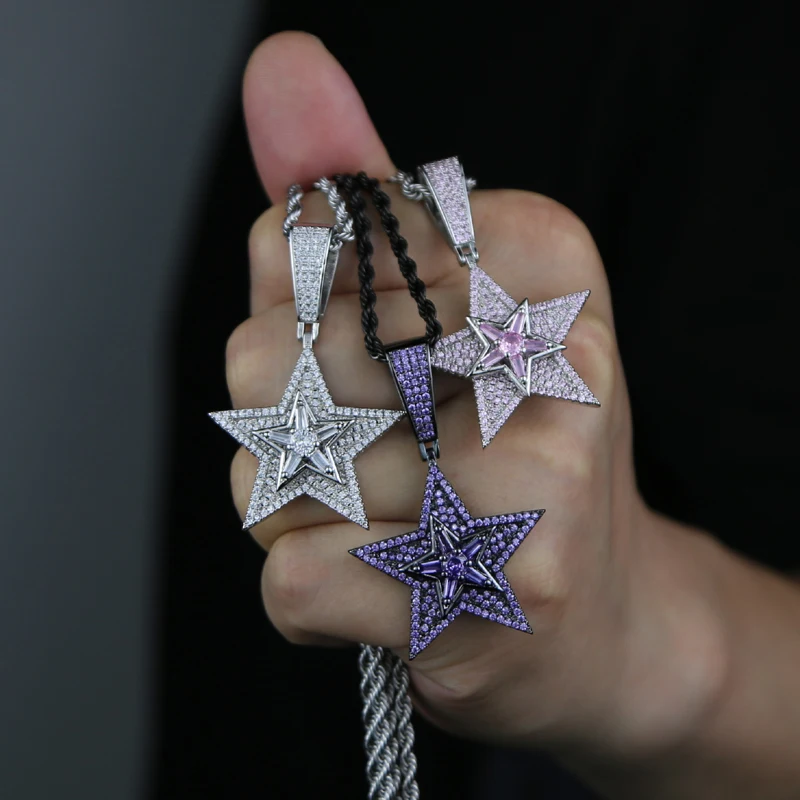 New designer 5-points stars rotatable Charm pendant Necklace Hip hop Women men full paved 5A CZ Party gift jewelry 2