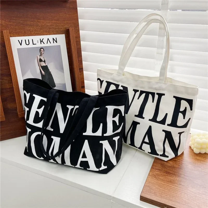 

Tote Handbag Women's 2023 Summer New Fashion Korean Edition Simple Canvas Shoulder Bag Large Capacity Tote Letter Big Cloth Bag