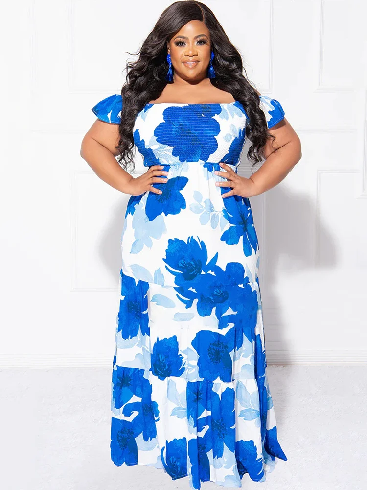 Wmstar Plus Size Dresses for Women Summer Holiday Flower Printed Off Shoulder Stretch Elegant Maxi Dress Wholesale Dropshipping