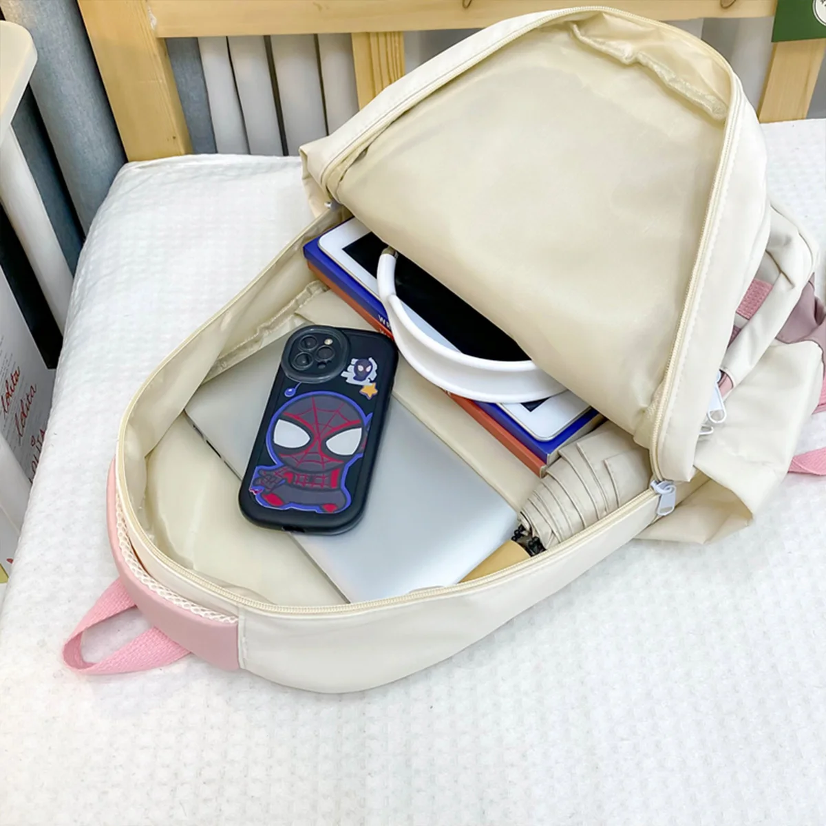 Dopamine Color Block Backpack Large Capacity Lightweight School Bag Cute Plush Pendant Adjustable Strap for Daily Campus Use 4