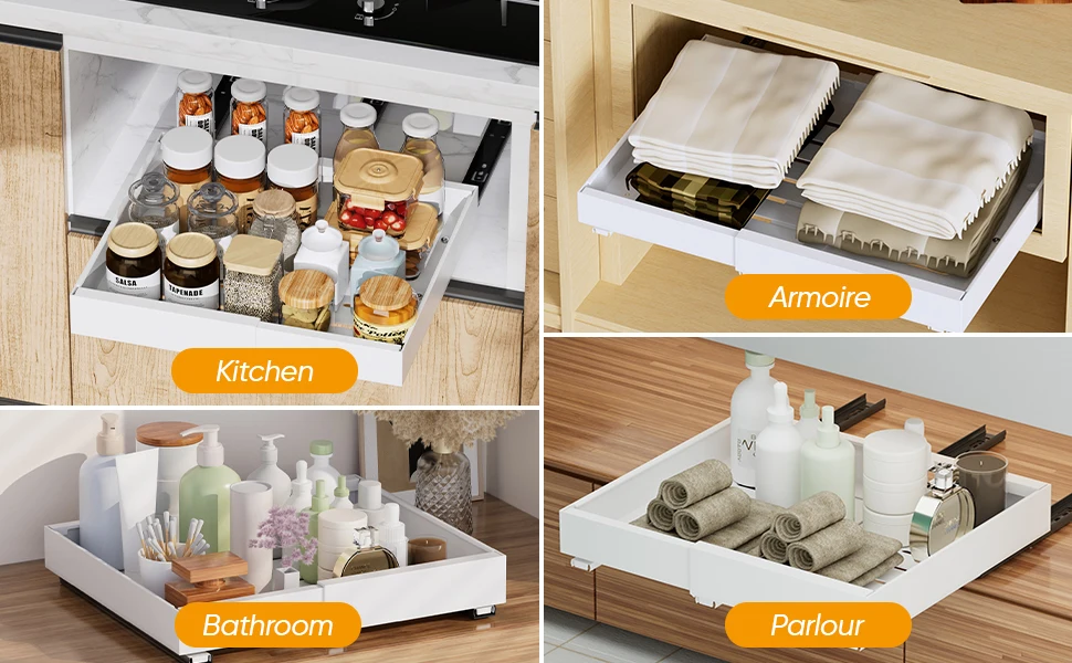 Description Picture 3 of item2 Pack Expandable Pull Out Cabinet Organizer Adhesive, Peel And Stick Slide Out Drawers for Kitchen Cabinets,Adjustable Width