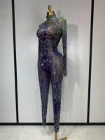 Women Sparkly Rhinestones Mesh Bodycon Jumpsuit Singer Stage Performance Dance Costume Nightclub Party Luxury Birthday Outfit - Image 2