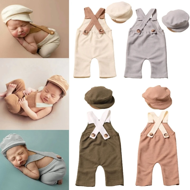 

Newborn Costume Photography Clothes Vintage Uniform Beret Hat Suspender Pants Photo Shooting Props Photo Posing Outfit