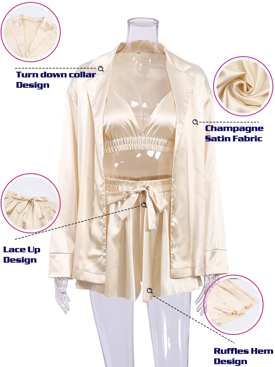 Sleepwear Women Champagne Bathrobes Set 3 Pieces Robes Pijamas Feminino Inverno Lingerie set Sexy Shorts Skirts Mujer