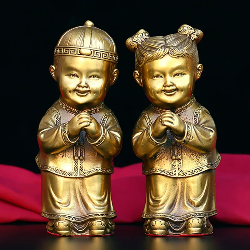 

Elaborate Chinese Feng Shui Wealth Brass Funny Boy And Girl Statues