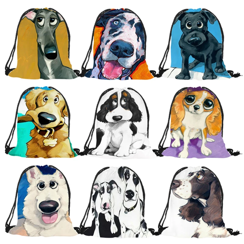 

Lovely Black Dog expression Prints boys girls Drawstring Backpack eco Polyester reusable Casual school class shoulder bags