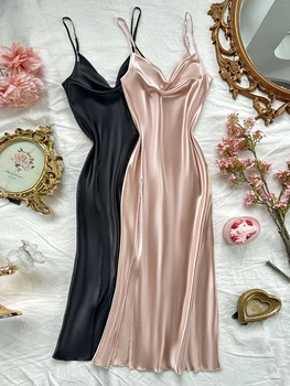 فستان رسن مثير جديد بلون سادة فستان نوم نسائي مريح وطويل الشق 6