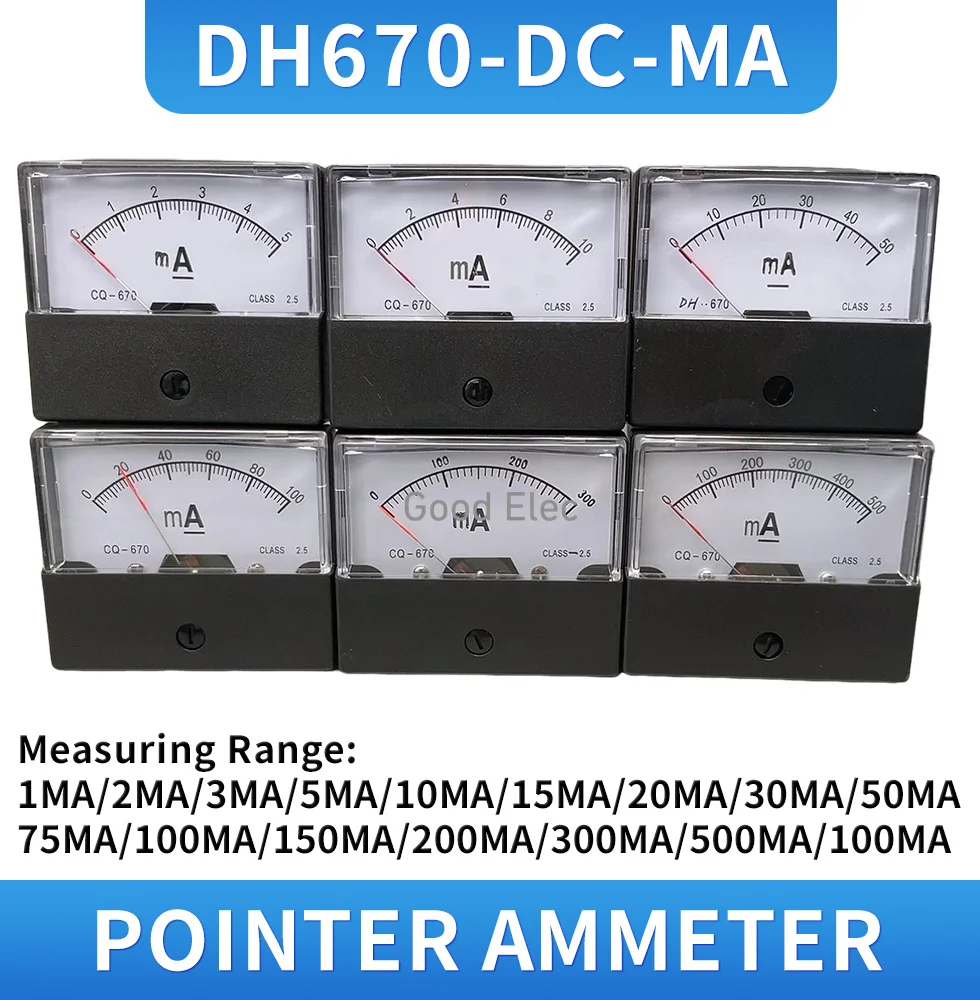 Rectangular Analog Ampere Needle Panel Gauge - 0-500 mA