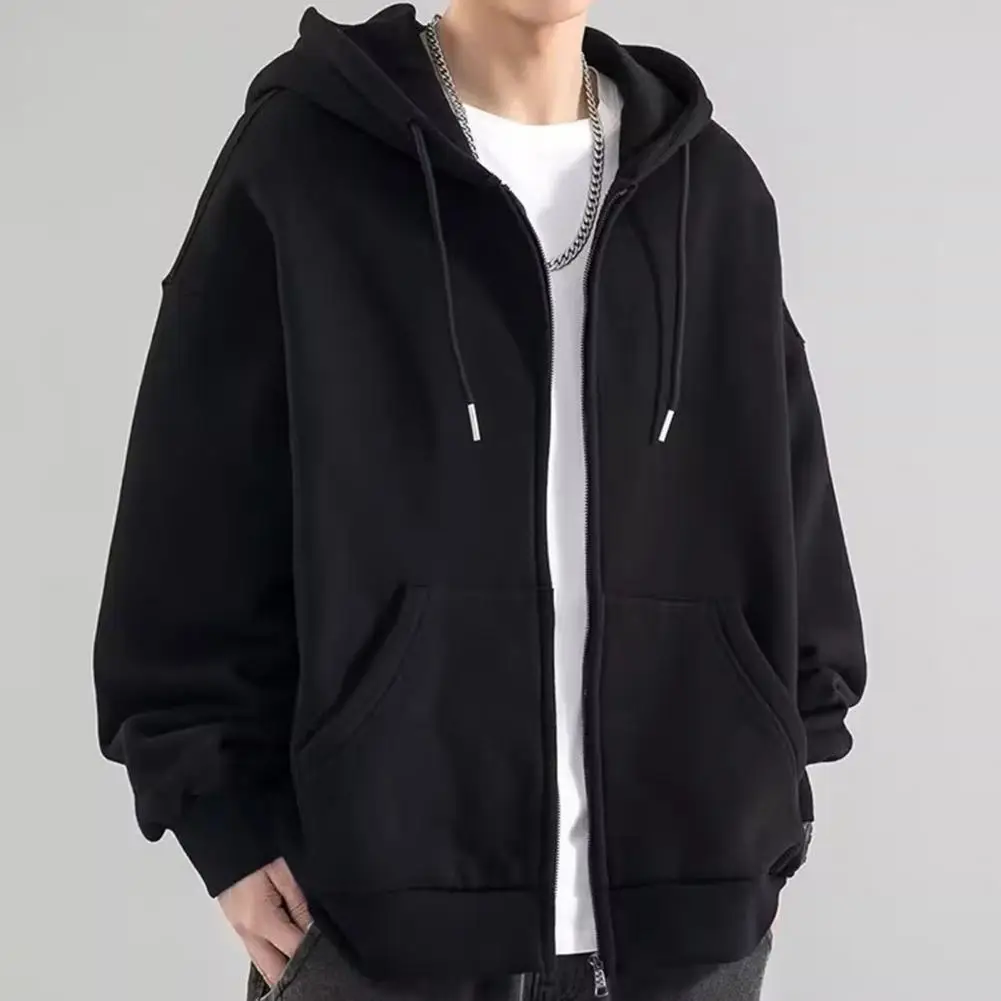 

Drawstring Hoodie Men's Thick Hooded Winter Coat with Drawstring Closure Elastic Cuff Casual Mid Length Cardigan Jacket for Fall