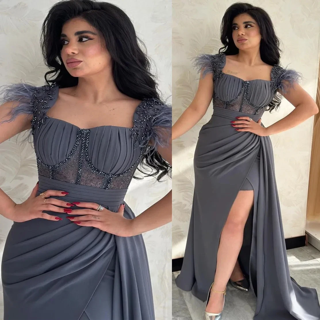 

Kadisua Formal Dress Grey Square Collar Split Feathers Sequined Pleat Floor Length Sleeveless Evening Party Luxury Prom Dresses