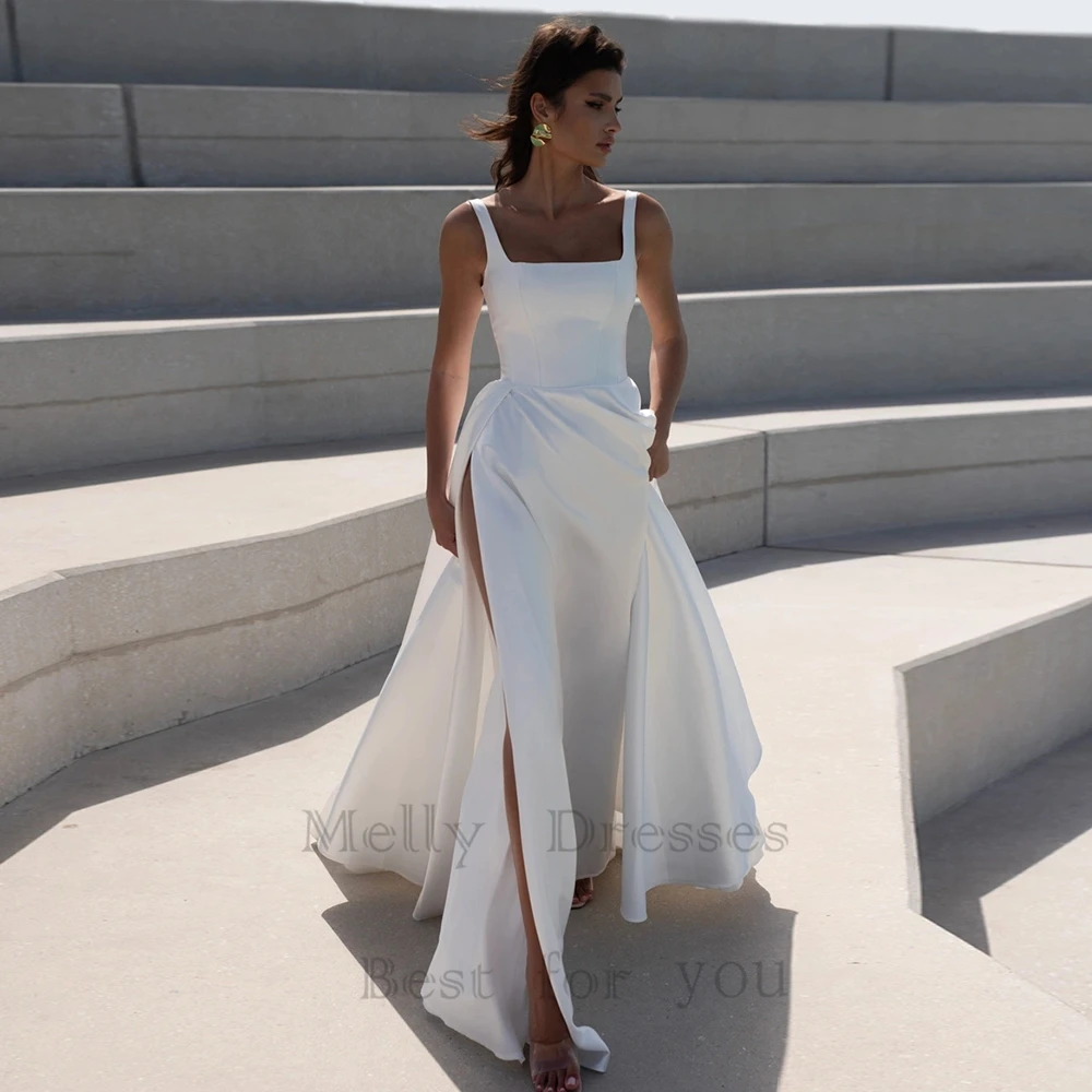 Simple Square Neck Wedding Dresses With Side Silt Elegant Lvory Bridal Gown With Open Back For Woman 2024 New Vestido De Novia 4