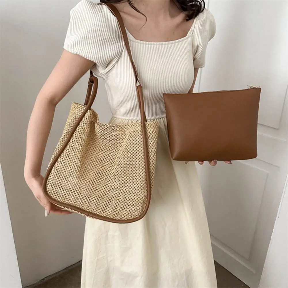 

Leather Handles Straw Beach Bag Summer Woven Large Straw Handbags Shoulder Bag Travel