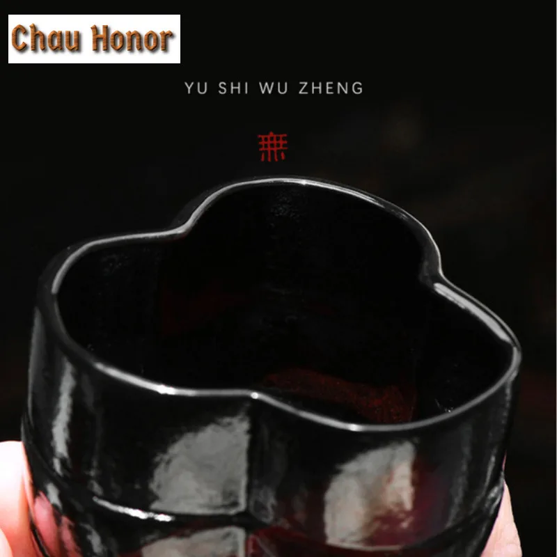 125ml Lacquered Red Coarse Pottery Petal Teacup Antique Tea Bowl Tea Pair Tea-tasting Meditation Cup Chazhan Master Cups Teaware