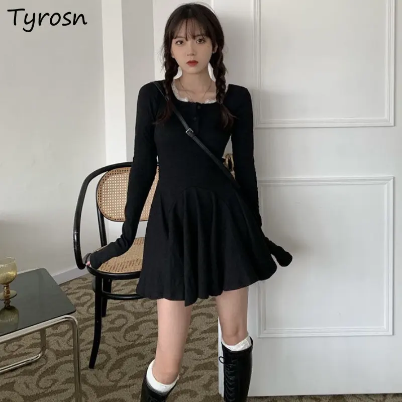 

Long-sleeve Dresses Women Sweet Slim Sexy Retro Design Simple Empire Spring Folds Korean Style Mini Vestidos Ladies Tender Chic