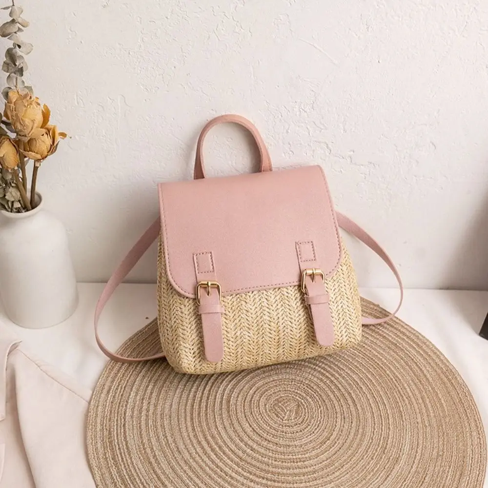 Elegant Vintage-Style Woven PU Leather Straw Backpack