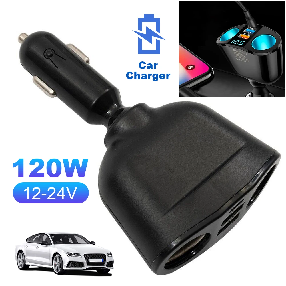 Car Cigarette Lighter Socket Splitter PD QC3.0 12V-24V 2 USB Charger C Ports Blue Atmosphere Light Quick Charge Car Charger 2.4A