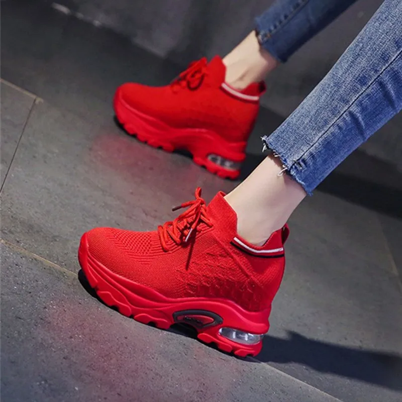 

Woman Ulzzang Fashion Platform Sneakers Wedge Shoes For Women 8.5cm Height Increasing Ladies Walking Lace Up Casual Shoes mesh