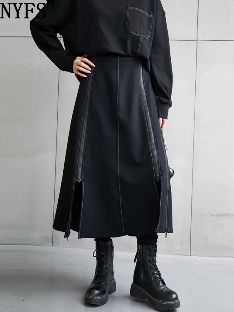 

NYFS 2023 New Spring Autumn High Waist All-Match Woman Skirt Black Irregular Open Thread Multi Zipper Skirts Faldas Mujer Saias