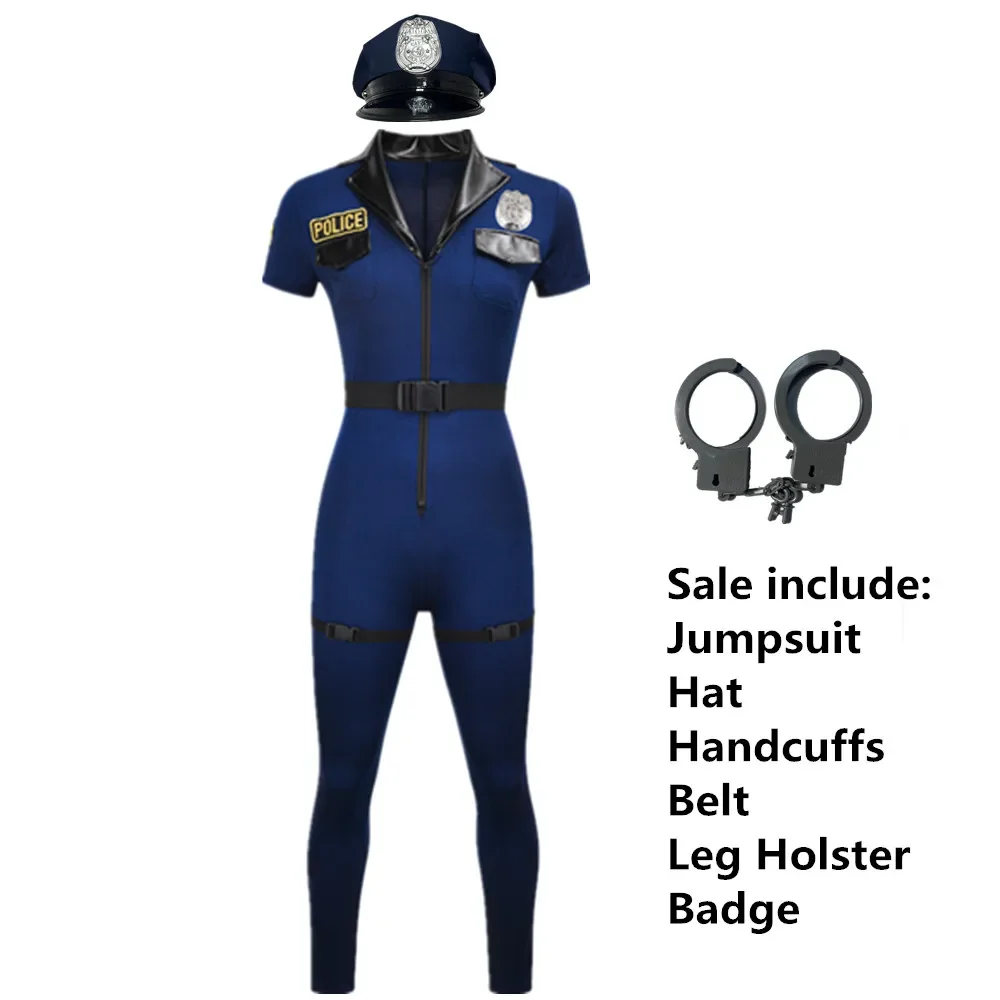 Cosplay Police Costume For Women Sexy Policewoman Jumpsuit Cop Officer Suit Uniform Halloween Carnival Party Fancy Dress
