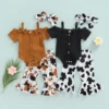 0-24M Newborn Infant Baby Girl 3Pcs Summer Clothing Short Sleeve Solid Bodysuit Top Flared Long Pants 1