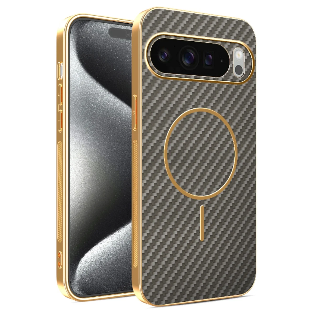 Carbon Fiber Texture Phone Case with Plating Frame and Magsafe Compatibility