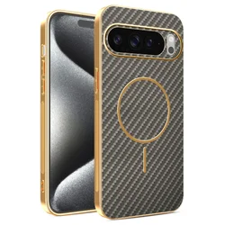 Carbon Fiber Texture Phone Case with Plating Frame and Magsafe Compatibility - Google Pixel 9 Pro XL (Coffee)