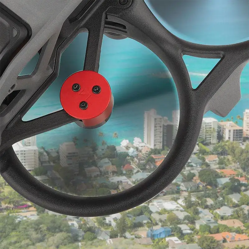 Vue de côté du cache-moteur aluminium pour DJI Avata, protection moteur anti-poussière et anti-collision, design aérodynamique.